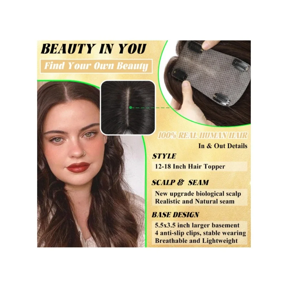 Real Human Hair Topper Medium Brown 5.5x3.5 Base Biological Scalp Hairpiece